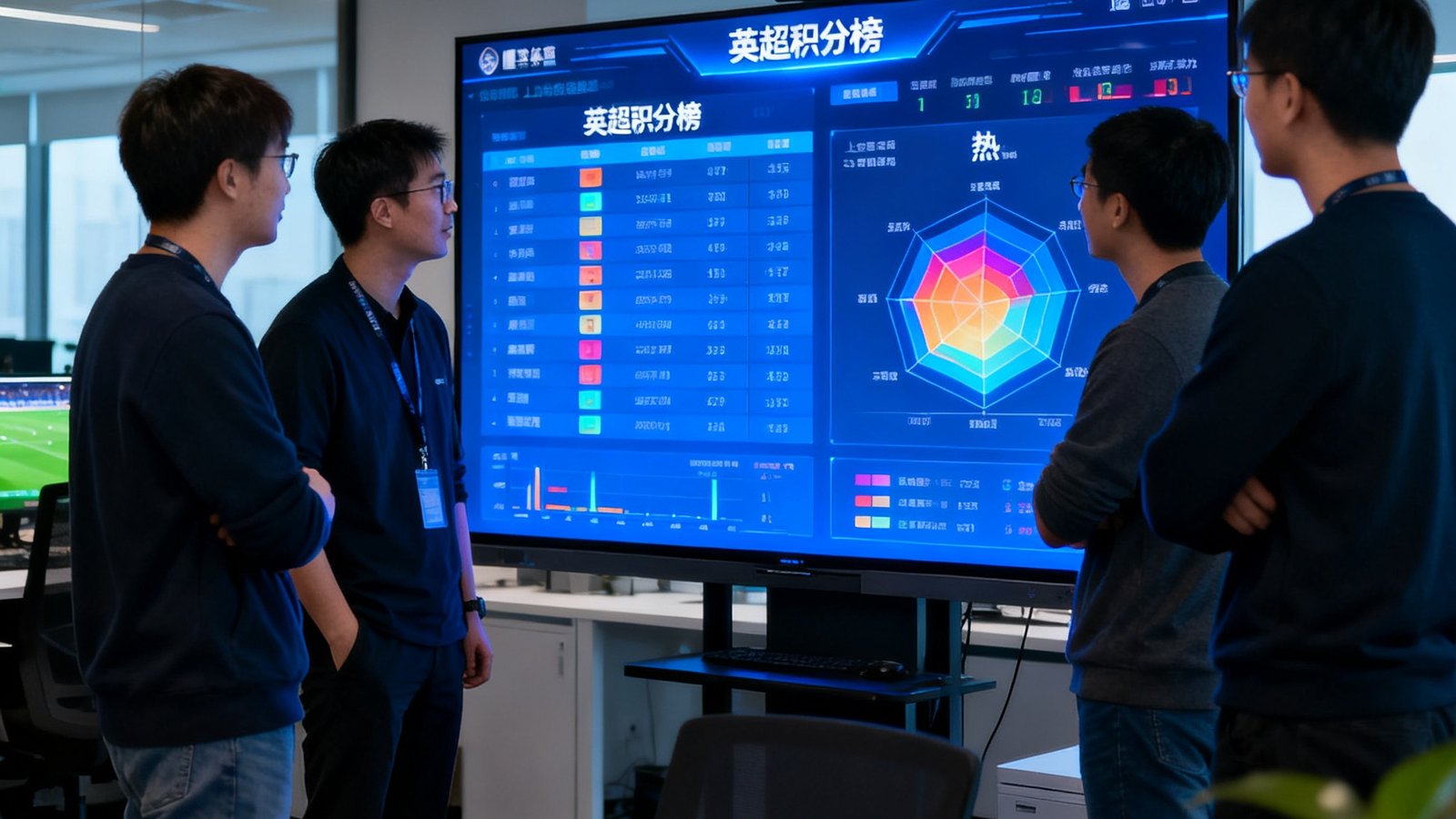 懂球体育上海总部数据团队围绕大屏分析实时比赛数据与用户行为，屏幕显示英超积分榜与热力图